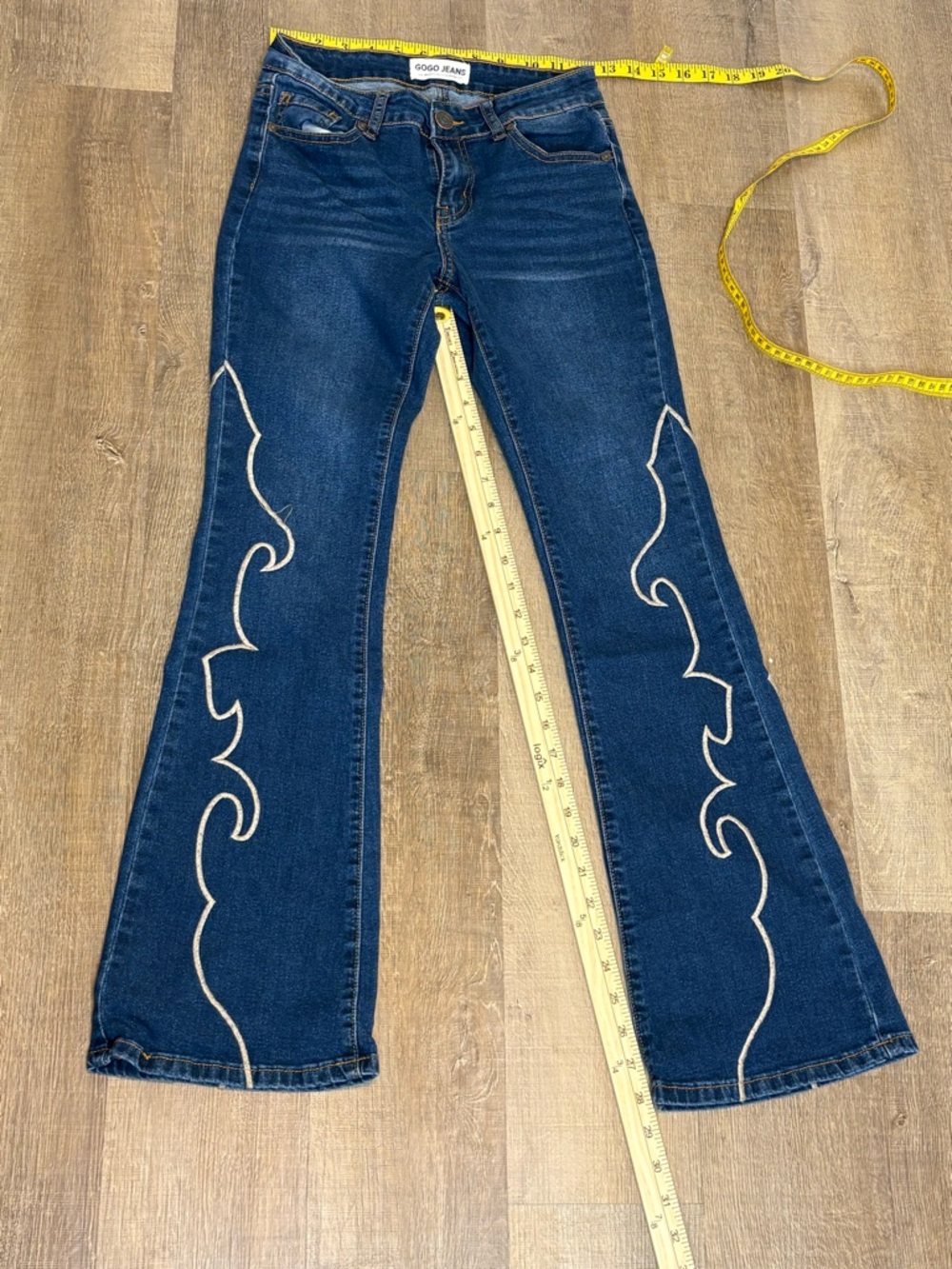 GOGO Dark Blue Flare Jeans with Cream Embroidery